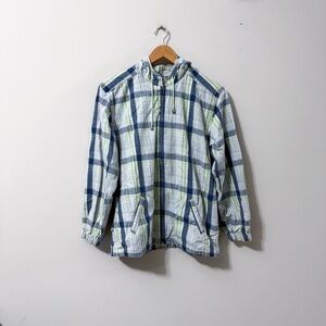 Vintage Blue & Green Farmhouse Costal Grandma Full Zip Up Plaid Hooded Jacket